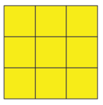 Det gule kvadratet delt i 9 kvadratiske ruter med størrelsen 1 kvadratmeter.